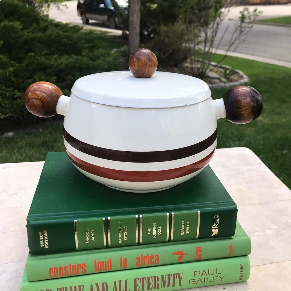 Vintage 70s enamel pot with wooden lid and wooden knob handles boho decor